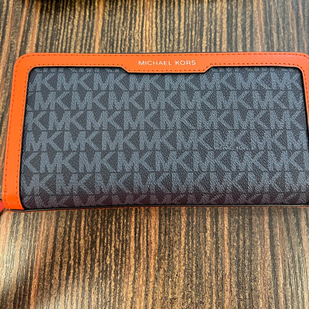 Michael Kors Cooper Tech Zip Around NWT blue orange men wallet signature logo